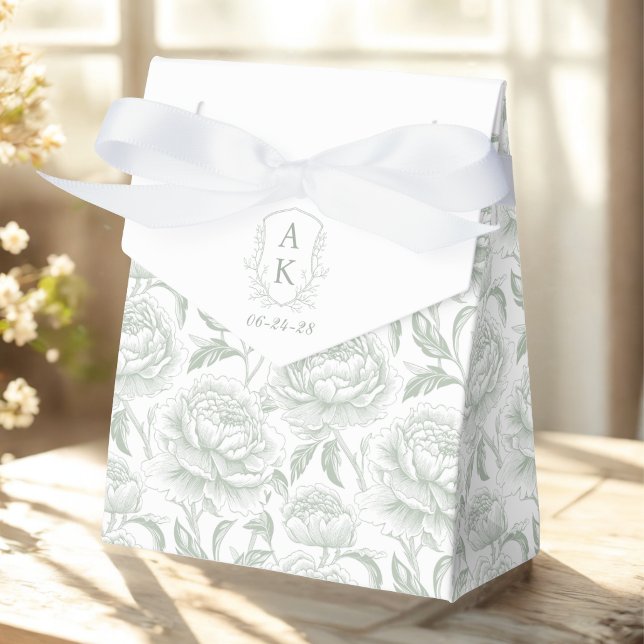 Sage Grönt Monogram Vapensköld Chinoiserie Peonies Presentaskar (Skapare uppladdad)