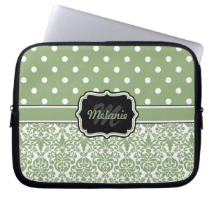 Sage Grönt Monogrammed Damask Polka-punkt Laptop Sleeve
