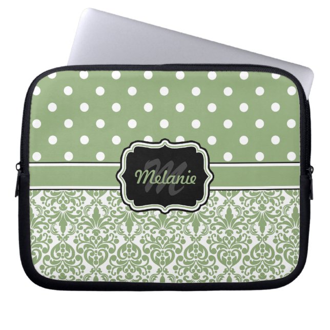 Sage Grönt Monogrammed Damask Polka-punkt Laptop Sleeve (Framsidan)