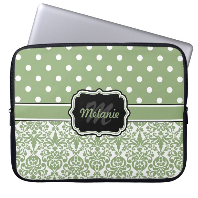 Sage Grönt Monogrammed Damask Polka-punkt Laptop Sleeve (Framsidan)
