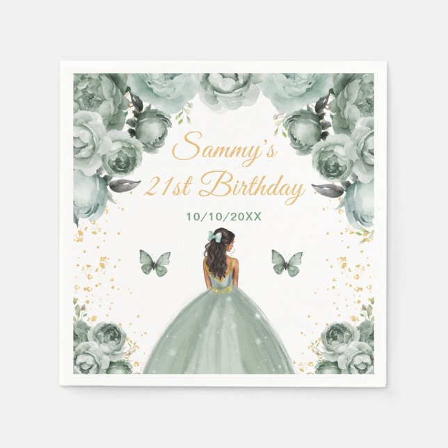 Sage Grönt Mörk Skin Princess Födelsedagsfest Pappersservett (Framsidan)