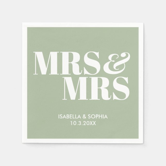 Sage Grönt Mrs. & Mrs Personlig Bröllop Napkins Pappersservett (Framsidan)