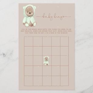 Sage Grönt Nalle Baby Shower Bingo Game Flyer