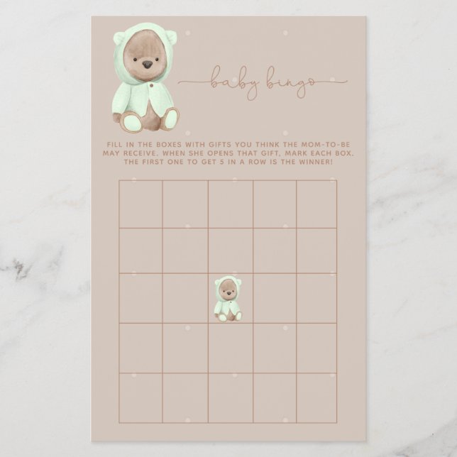 Sage Grönt Nalle Baby Shower Bingo Game Flyer (Framsidan)