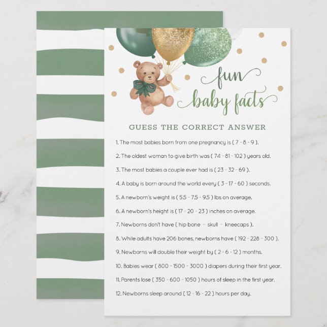 Sage Grönt Nalle Roligt Baby Facts Game (Fram/baksida)