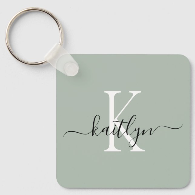 Sage Grönt Namn Initial Monogram Nyckelring (Framsida)