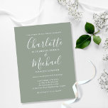 Sage Grönt Namnteckning skript Bröllop Inbjudan Vykort<br><div class="desc">Med namnteckning stil namn kan det här grönt-vykortet för bröllopsinbjudan för elegant vara personlig med din information i chic. Designad av Thisisnotme©</div>