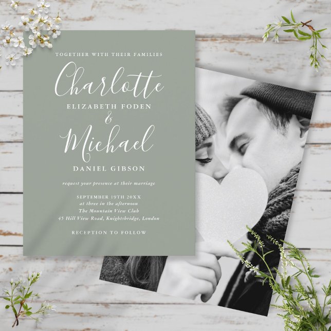 Sage Grönt Namnteckning skript Photo Bröllop Inbjudan Vykort (Skapare uppladdad)