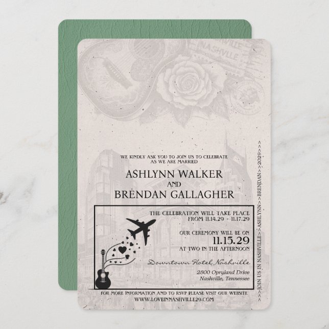 Sage Grönt Nashville Passport Bröllop Inbjudningar (Fram/baksida)