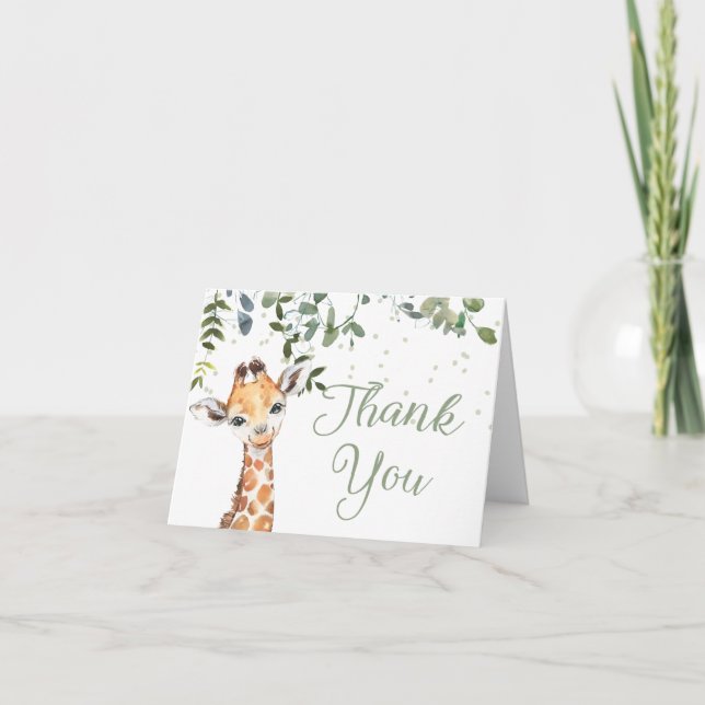 Sage Grönt Neutralt Giraffe Safari Baby Shower Tack Kort (Framsida)
