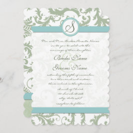 Sage Grönt och Aqua Damask Wedding Inbjudan