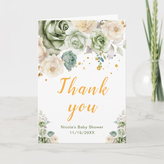 Sage Grönt och Cream Blommigt Baby Shower Tack Kort (Framsida)