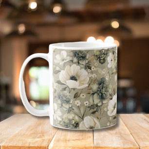 Sage Grönt och Cream Blommigt Kaffemugg