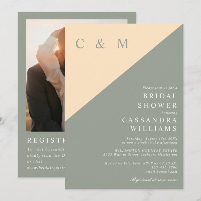 Sage Grönt och Cream Photo QR-kodMöhippa Inbjudningar (Fram/baksida)