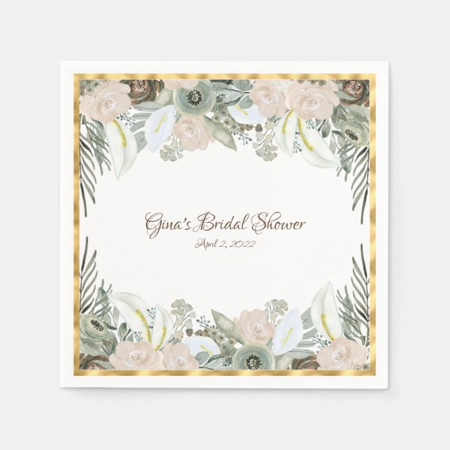 Sage Grönt och Creamy Vanilla Watercolor Flowers N Pappersservett (Framsidan)