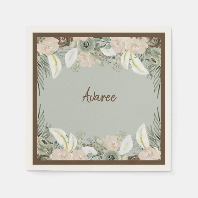 Sage Grönt och Creamy Vanilla Watercolor Flowers Pappersservett (Framsidan)
