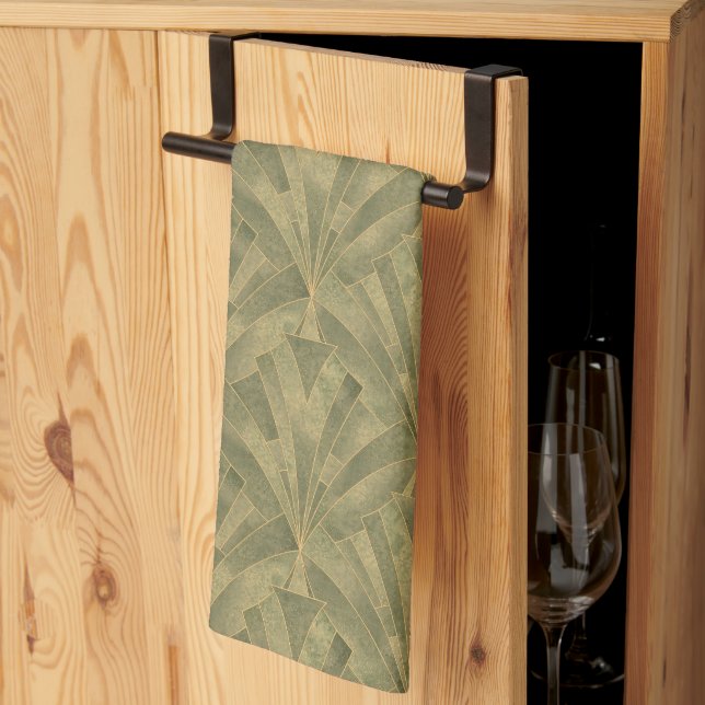 Sage Grönt och Guld Art Deco Mönster Kökshandduk (Thirds Fold)