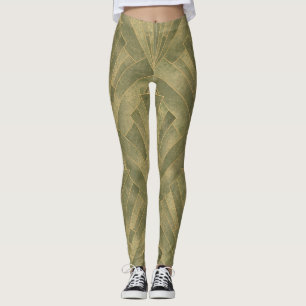 Sage Grönt och Guld Art Deco Mönster Leggings
