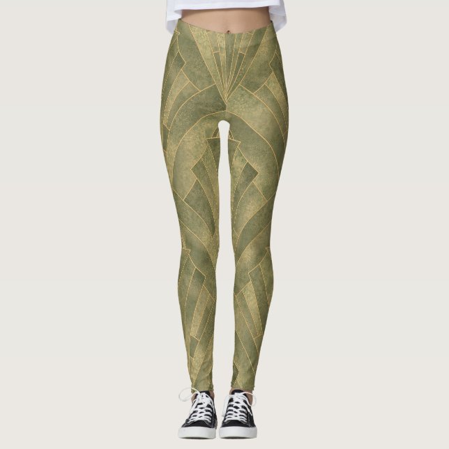 Sage Grönt och Guld Art Deco Mönster Leggings (Framsida)