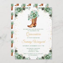 Sage Grönt och Guld Blommigt Cowboy Boot Quinceañe Inbjudningar