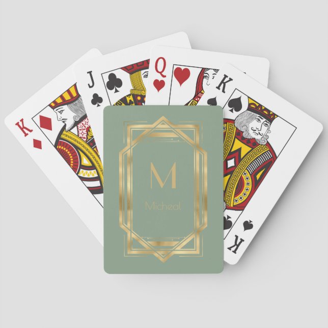 Sage Grönt och Guld geometrisk | Monogram och Namn Casinokort (Baksidan)