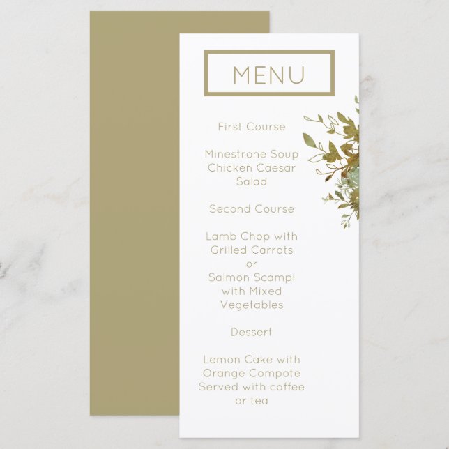 Sage Grönt och Guld Modern Minimalist Bröllop Menu Meny (Fram/baksida)