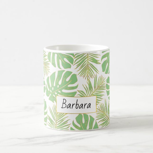 Sage grönt och guld tropiska löv och namn kaffemugg (Center)