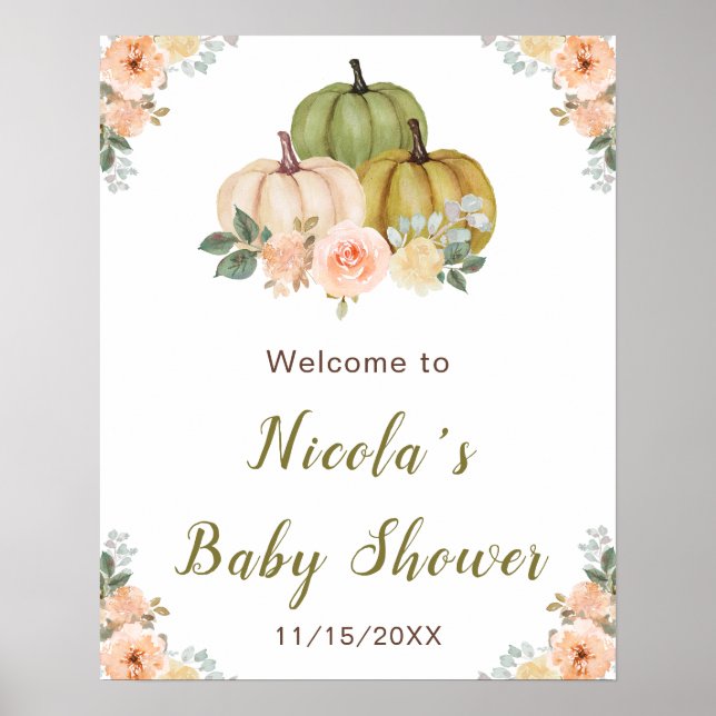 Sage Grönt och Peach Blommigt Pumpkins Baby Shower Poster (Framsidan)