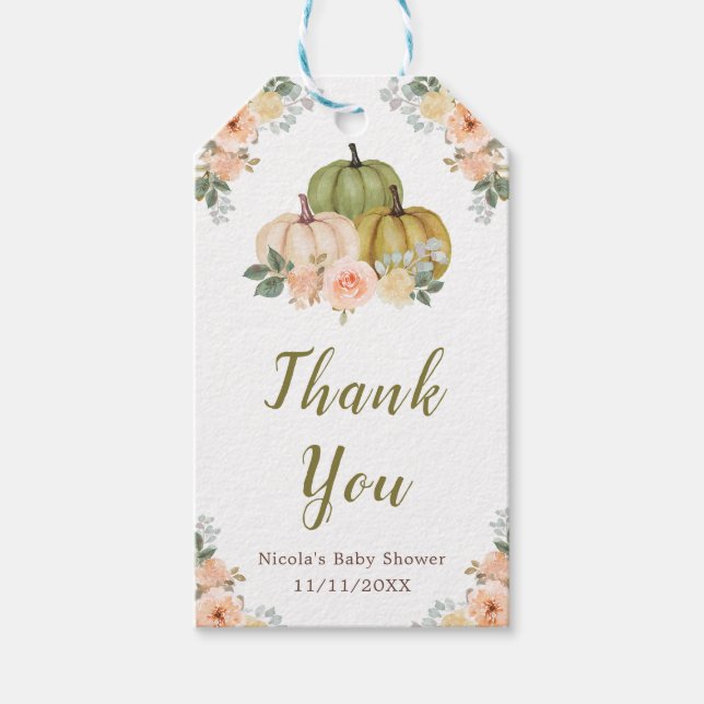 Sage Grönt och Peach Blommigt Pumpkins Baby Shower Presentetikett (Framsidan)