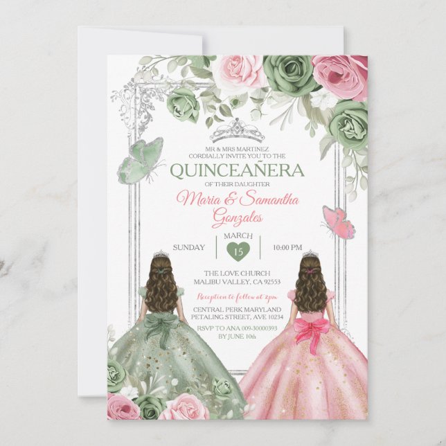 Sage Grönt och Rosa Twin Quinceañera Butterfly Inbjudningar (Framsida)