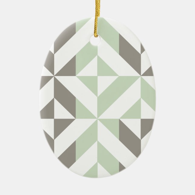 Sage Grönt och Silver Geometric ZigZag Julgransprydnad Keramik (Framsidan)