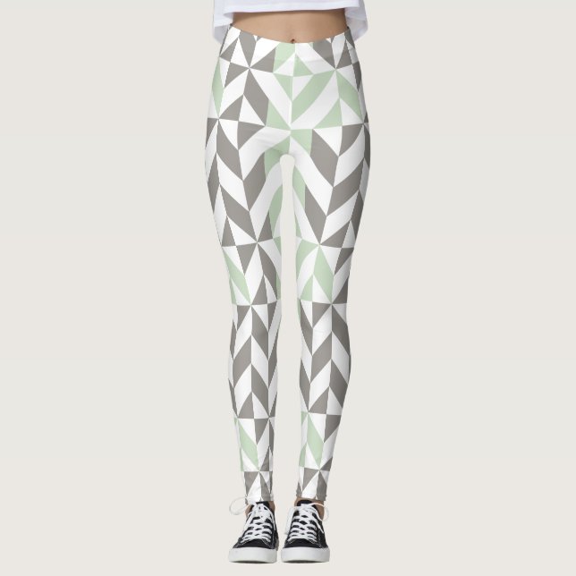 Sage Grönt och Silver Geometric ZigZag Leggings (Framsida)