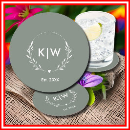 Sage Grönt och vit | Modern Initialer Monogram Underlägg Papper Rund