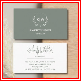 Sage Grönt och vit | Modern Initialer Monogram Visitkort