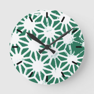 Sage-grönt och vitt geometriskt mönster rund klocka