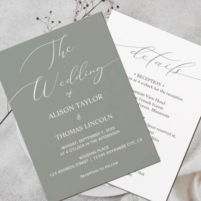 Sage Grönt och White Calligraphy - enkelt allt i e Inbjudningar (#simplelightgreen #allinone#romantic #modern #weddinginvitation)