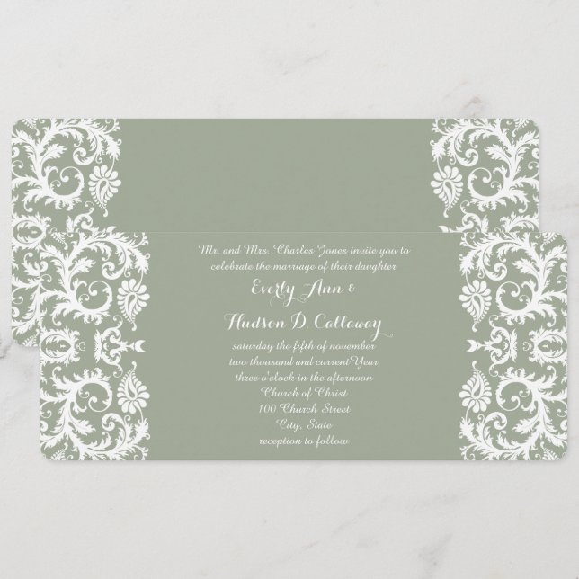 Sage Grönt och White Damask Wedding Inbjudningar (Fram/baksida)