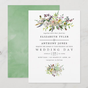 Sage Grönt och White Watercolor Blommigt Bröllop Inbjudningar