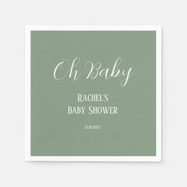 Sage Grönt Oh Baby Script Cute Modern Baby Shower Pappersservett (Framsidan)