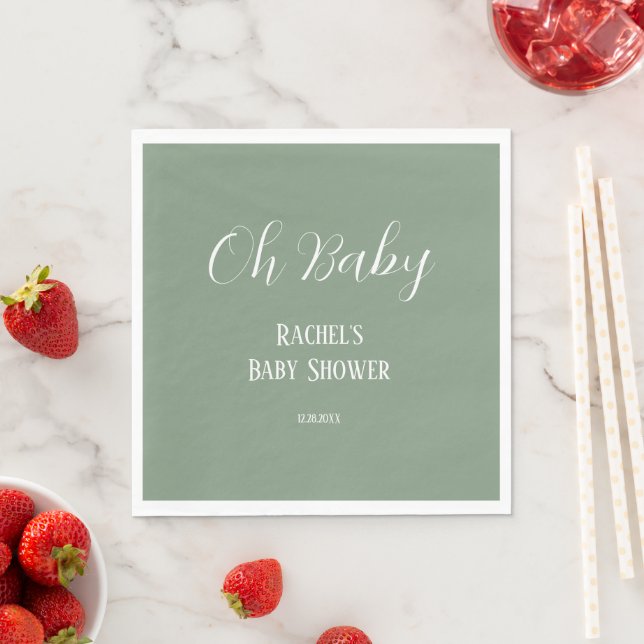 Sage Grönt Oh Baby Script Cute Modern Baby Shower Pappersservett (Insitu)