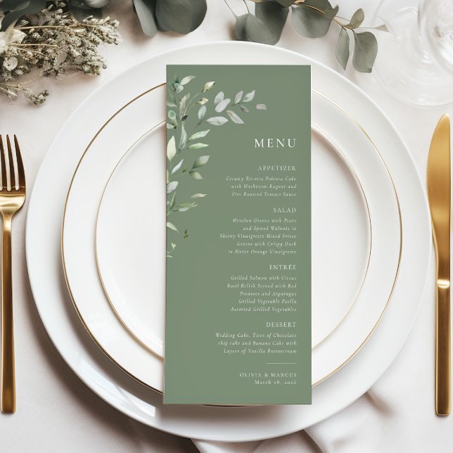 Sage Grönt Olive Botanical Elegant bröllop Menu Program (Menu)