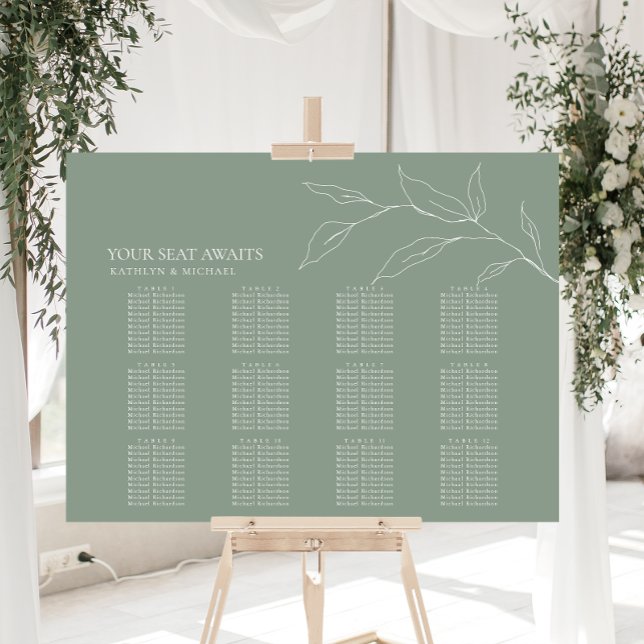 Sage Grönt Olive Löv Bröllop 12 Bord säten Poster (Skapare uppladdad)