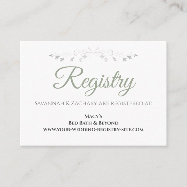 Sage Grönt on White Elegant bröllop Registry Tilläggskort (Framsida)