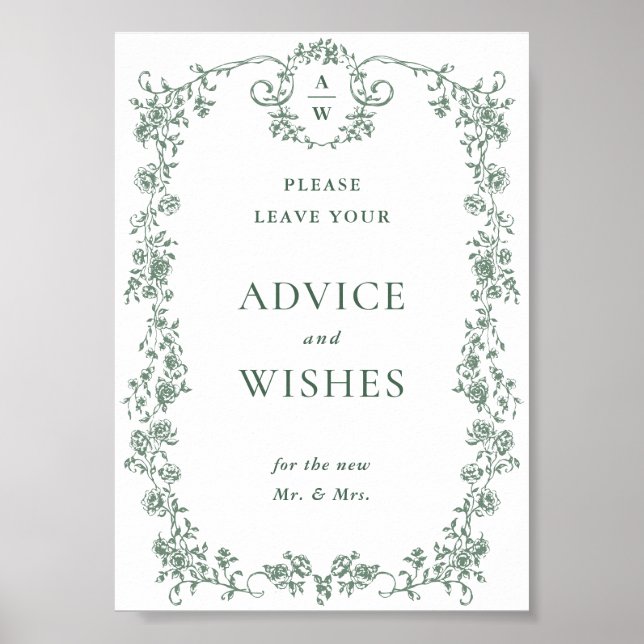 Sage Grönt Ornate Victorian Blommigt Advice & Önsk Poster (Framsidan)