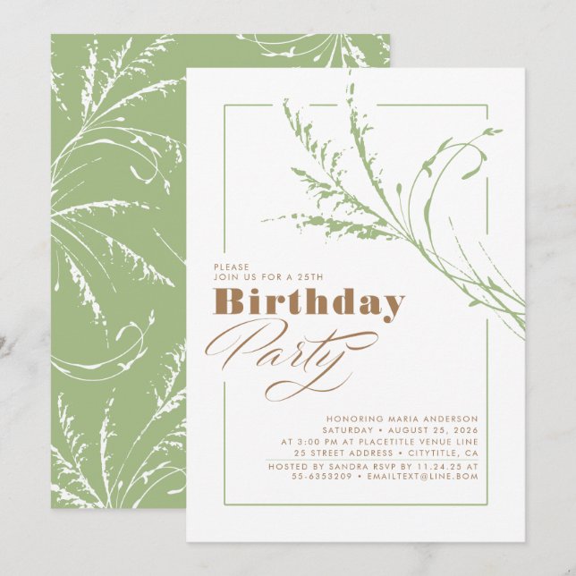 Sage Grönt Pampas Grass Modern Födelsedagsfest Inbjudningar (Fram/baksida)