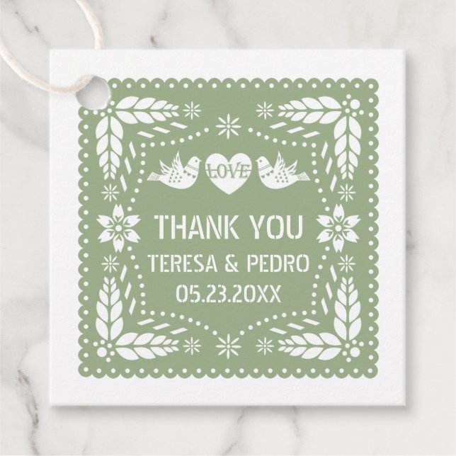 Sage grönt papel picado love birds bröllop gåvor etiketter (Framsida)
