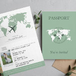 Sage Grönt Passport Destination Wedding Inbjudan<br><div class="desc">Vi presenterar vår elegant och en unik vild bröllopsinbjudan, designad för att likna ett pass! Den här inbjudan innehåller ett enastående foto av paret lycklig mot en vacker grönt. Framkanten skryter med en detaljerad världskarta som ger äventyr en liten bit och en global dragningskraft på utformningen. När du öppnar inbjudan...</div>