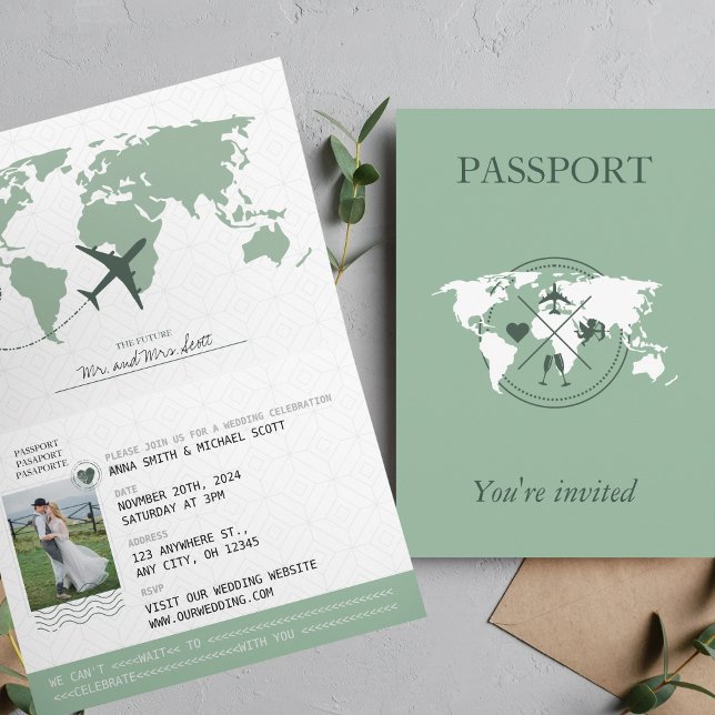 Sage Grönt Passport Destination Wedding Inbjudan (Skapare uppladdad)