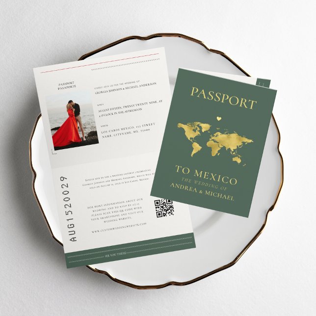 Sage Grönt Passport Travel Destinationsbröllop Inbjudan (Skapare uppladdad)