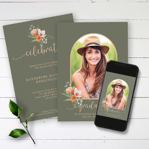 Sage Grönt Peach Blommigt Arch Photo Studenten Inbjudningar